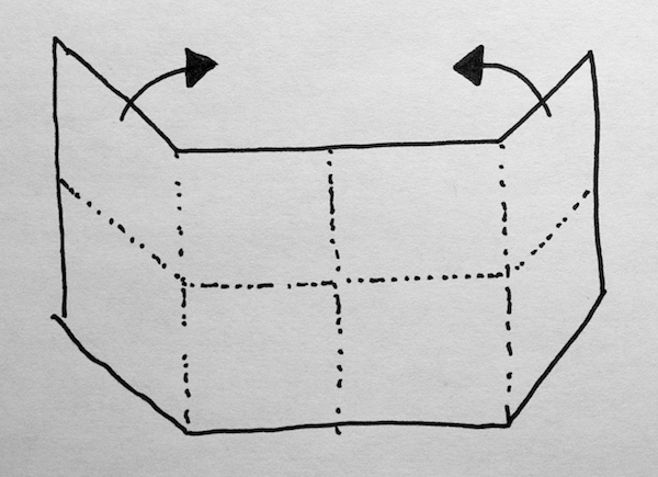 Затем отогните внешние края к центру с обеих сторон (как на рисунке ниже), разделив длинную сторону на четверти